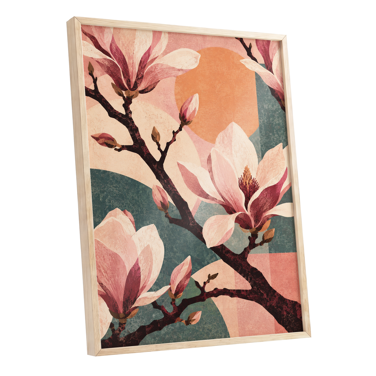 Magnolia Colourplay, pink, beige, green floral wall art shown as a oak framed poster wall art print