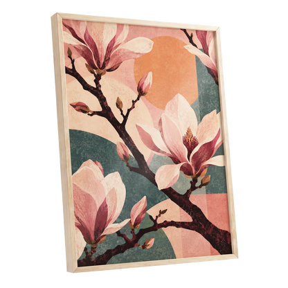 Magnolia Colourplay, pink, beige, green floral wall art shown as a oak framed poster wall art print