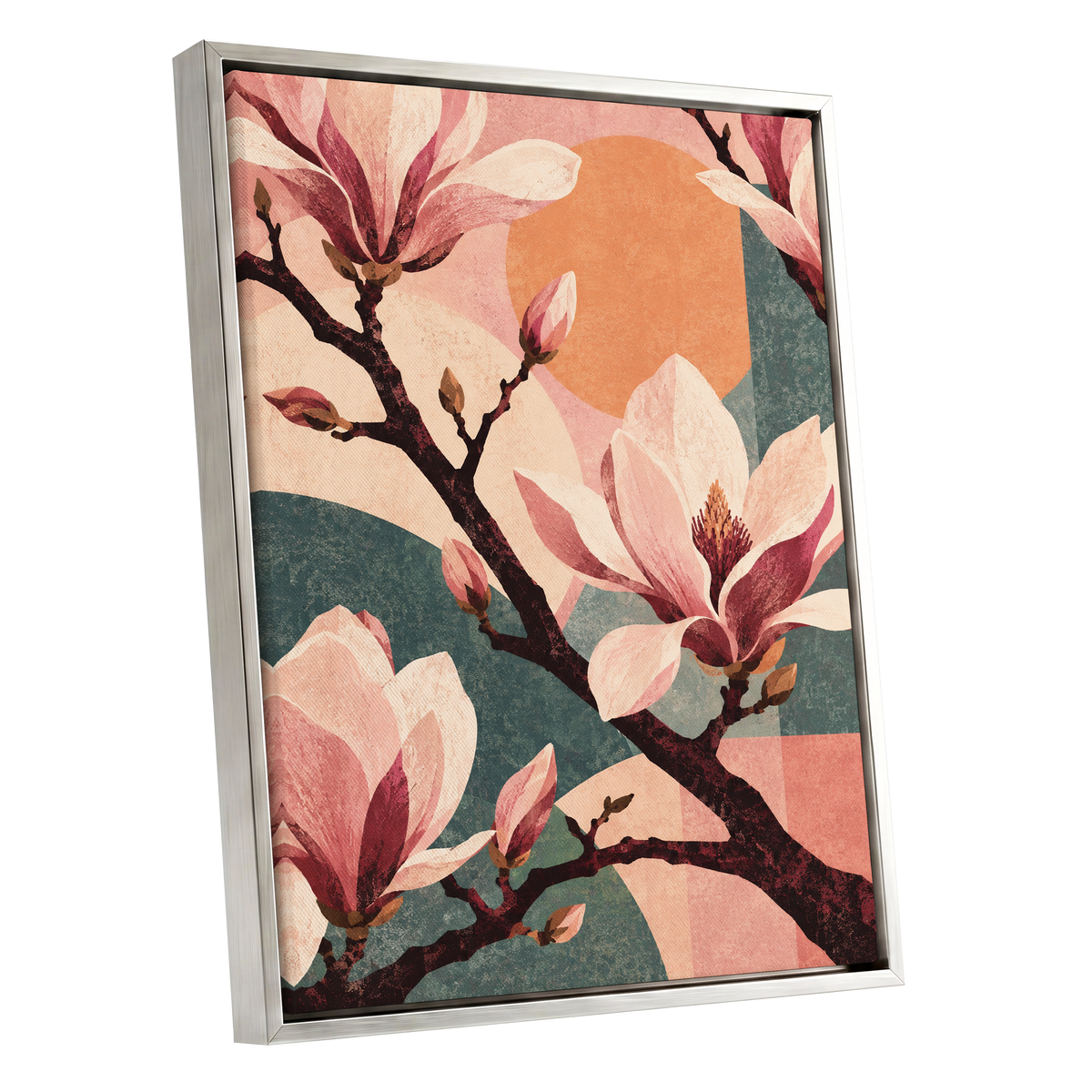 Magnolia Colourplay, pink, beige, green floral wall art shown as a silver framed canvas wall art