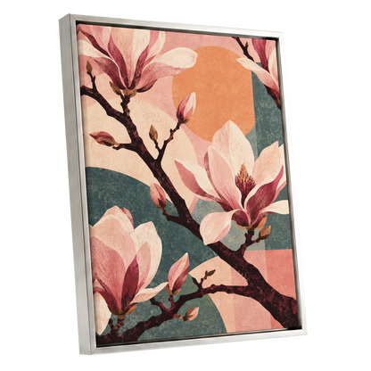 Magnolia Colourplay, pink, beige, green floral wall art shown as a silver framed canvas wall art