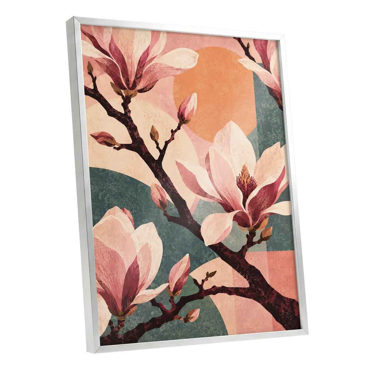 Magnolia Colourplay, pink, beige, green floral wall art shown as a silver framed poster wall art print