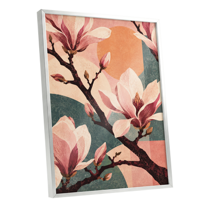 Magnolia Colourplay, pink, beige, green floral wall art shown as a silver framed poster wall art print