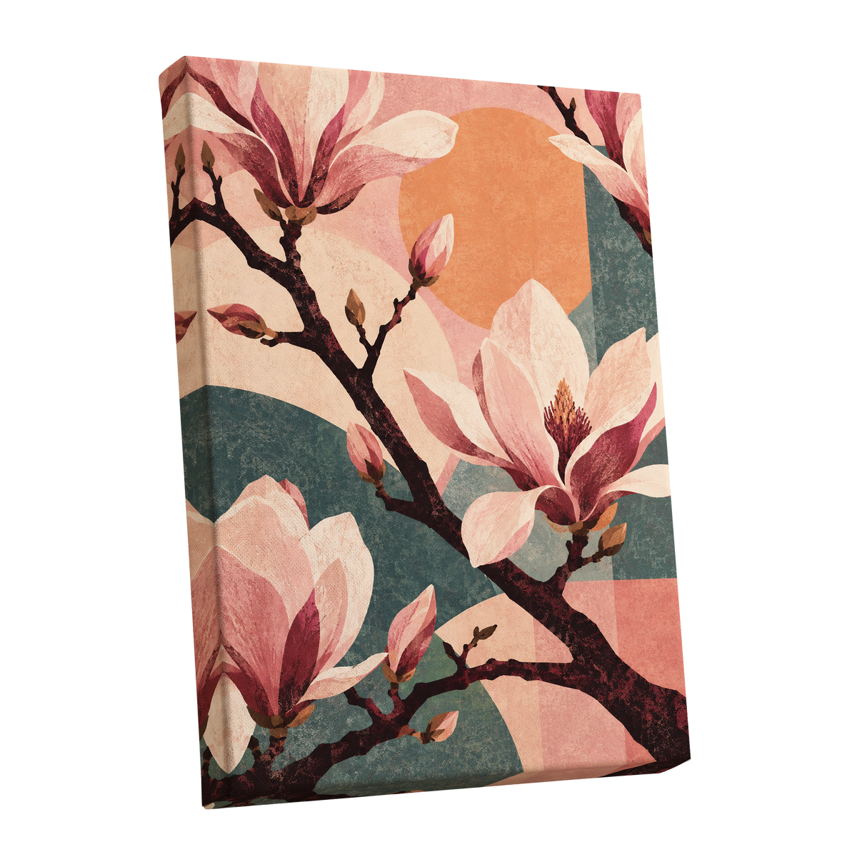 Magnolia Colourplay, pink, beige, green floral wall art shown as a stretched canvas wall art