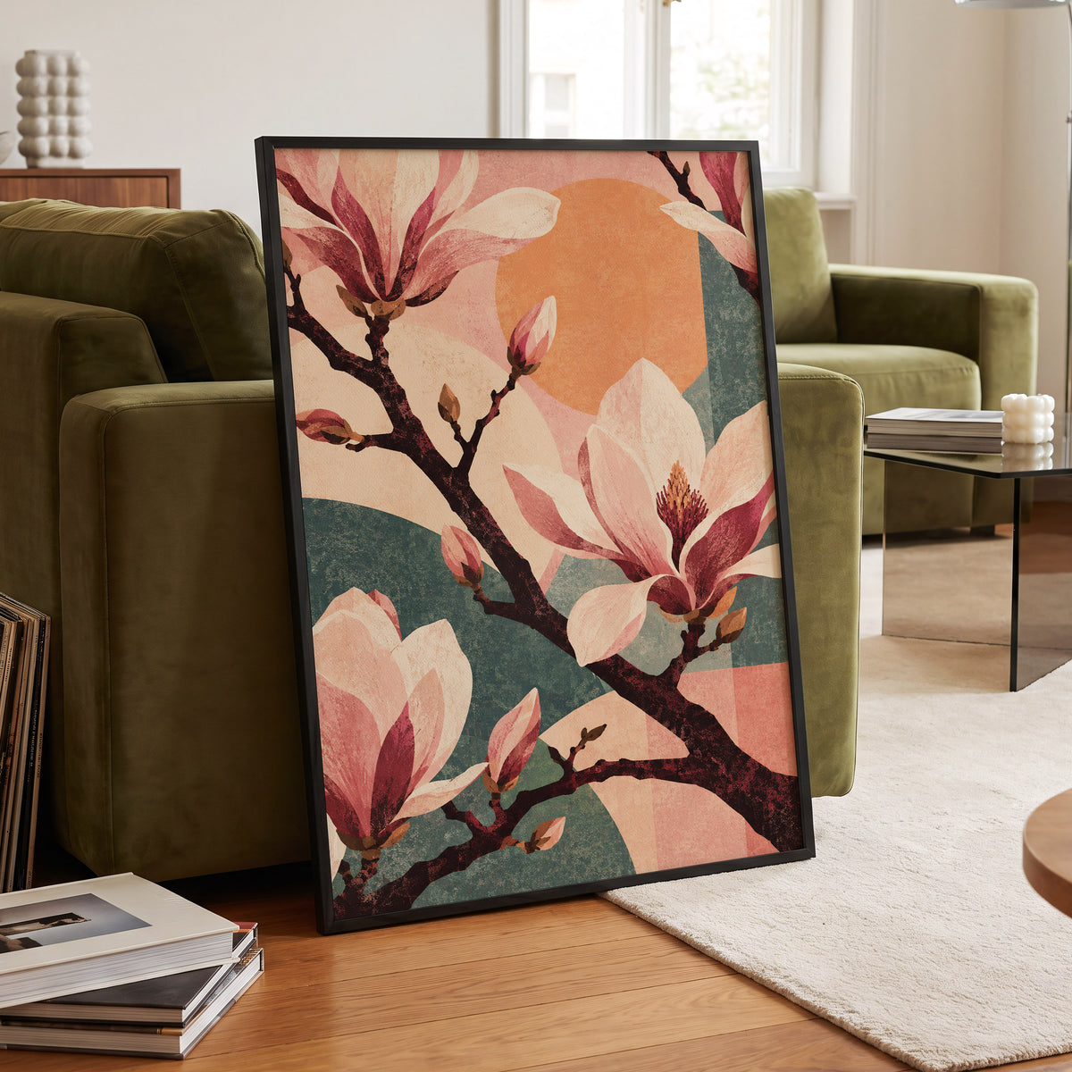 Magnolia Colourplay, pink, beige, green floral wall art displayed in a styled interior, gallery view 2