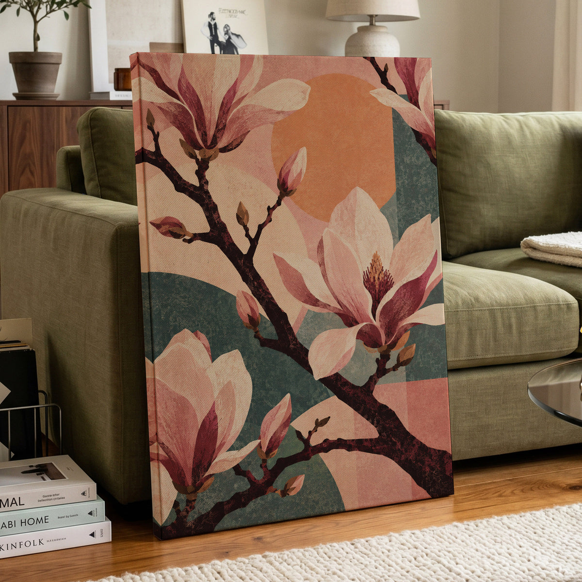 Magnolia Colourplay, pink, beige, green floral wall art displayed in a styled interior, gallery view 3