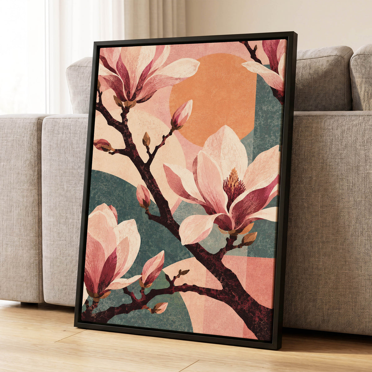 Magnolia Colourplay, pink, beige, green floral wall art displayed in a styled interior, gallery view 4