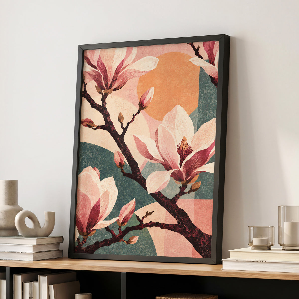 Magnolia Colourplay, pink, beige, green floral wall art displayed in a styled interior, gallery view 6