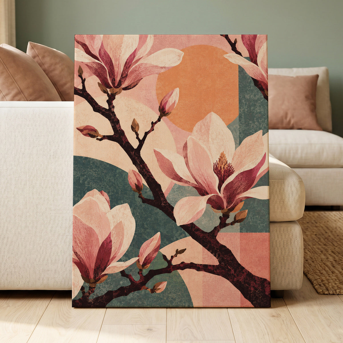 Magnolia Colourplay, pink, beige, green floral wall art displayed in a styled interior, gallery view 7
