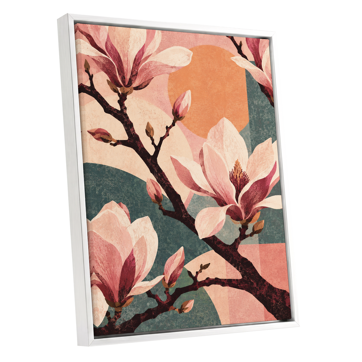 Magnolia Colourplay, pink, beige, green floral wall art shown as a white framed canvas wall art