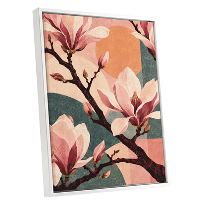 Magnolia Colourplay, pink, beige, green floral wall art shown as a white framed canvas wall art