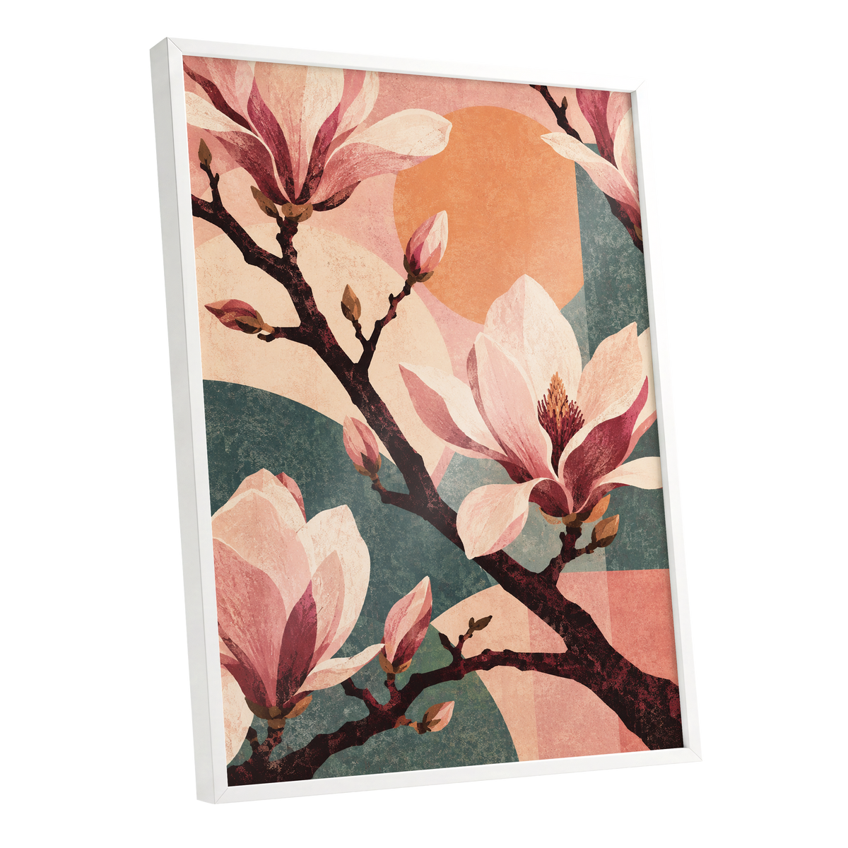 Magnolia Colourplay, pink, beige, green floral wall art shown as a white framed poster wall art print