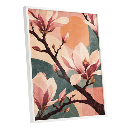 Magnolia Colourplay, pink, beige, green floral wall art shown as a white framed poster wall art print