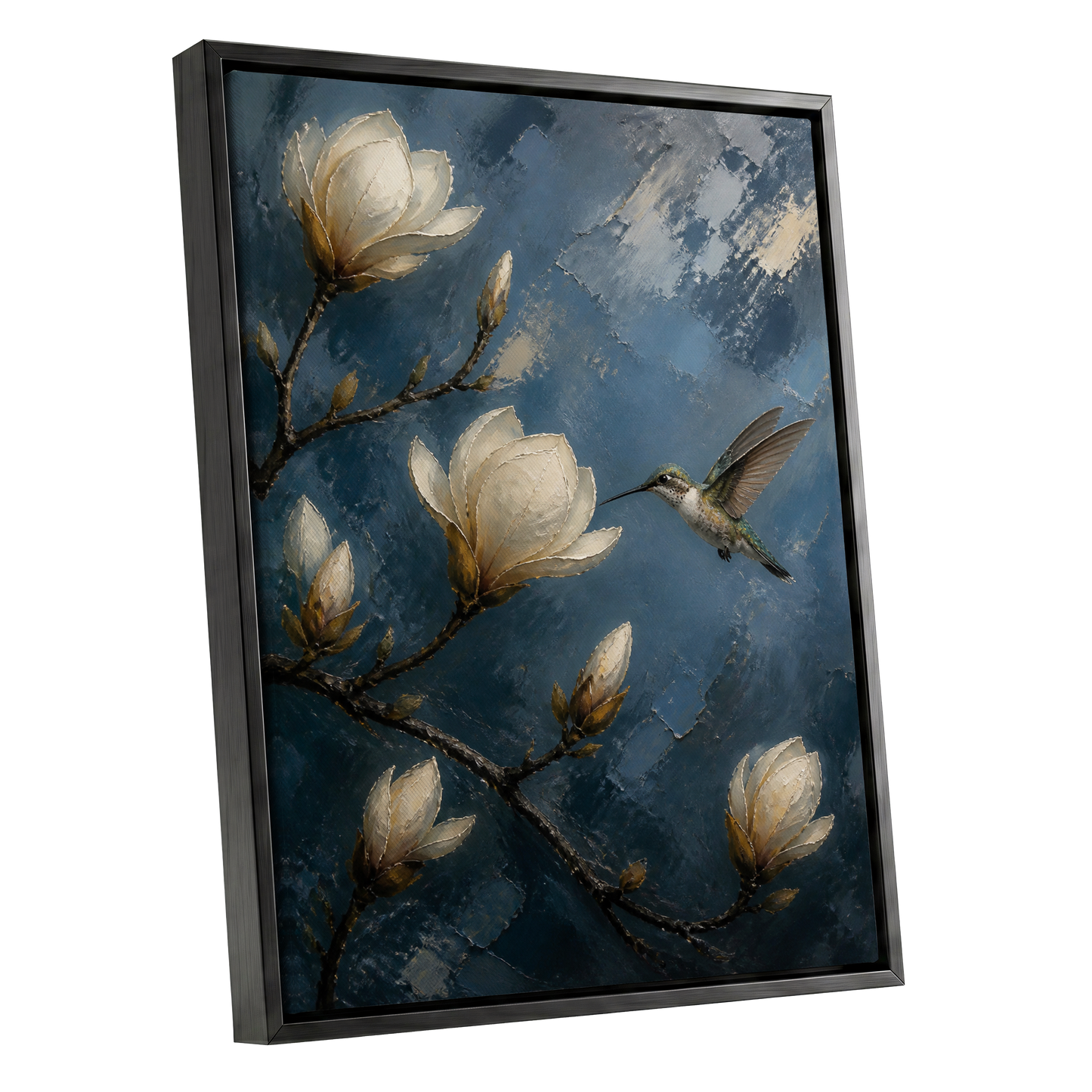 Magnolia Hummingbird, blue, white, brown floral wall art shown as a black framed canvas wall art