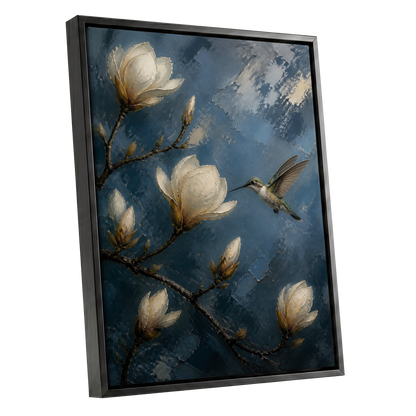 Magnolia Hummingbird, blue, white, brown floral wall art shown as a black framed canvas wall art