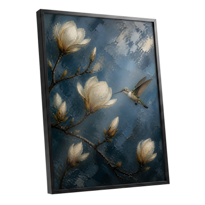 Magnolia Hummingbird, blue, white, brown floral wall art shown as a black framed poster wall art print