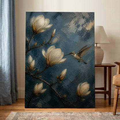 Magnolia Hummingbird, blue, white, brown floral wall art on canvas displayed in a styled interior, gallery view 1