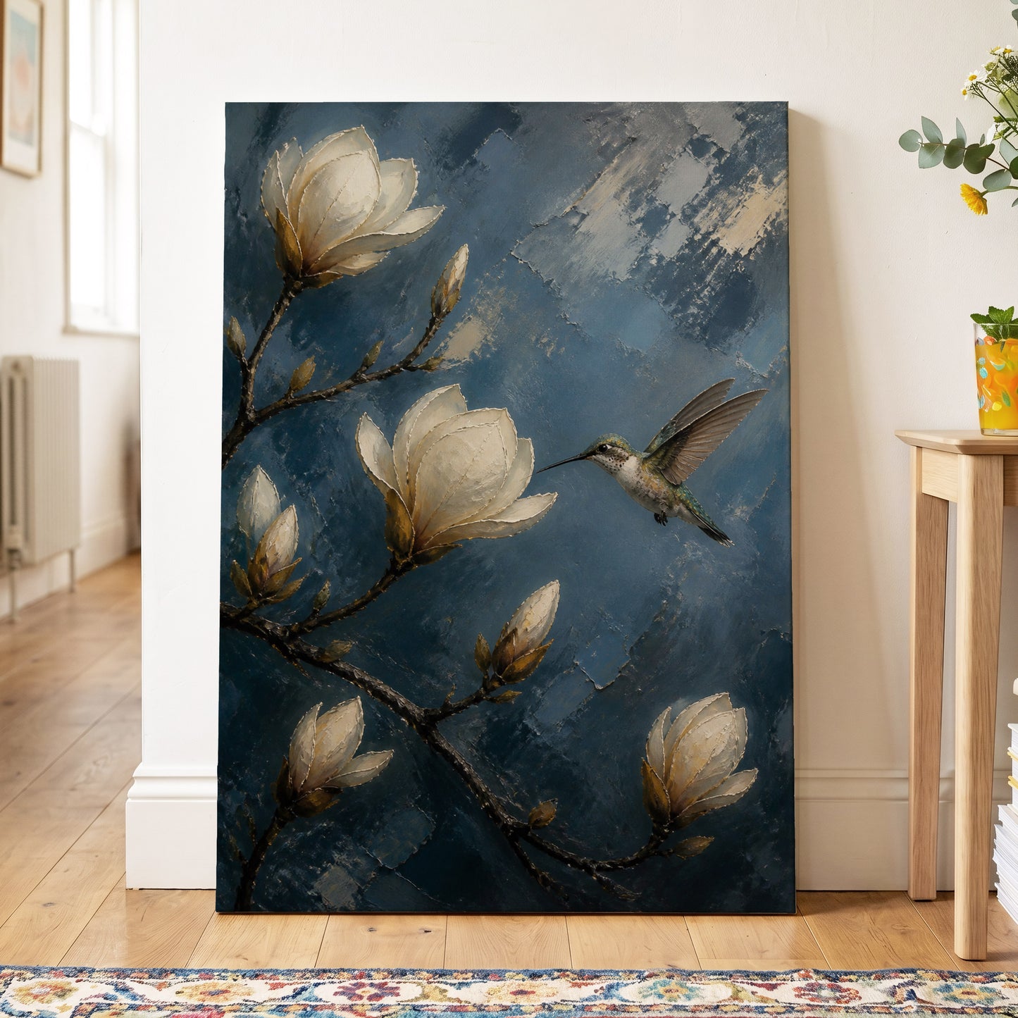 Magnolia Hummingbird, blue, white, brown floral wall art on canvas displayed in a styled interior, gallery view 2
