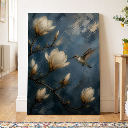 Magnolia Hummingbird, blue, white, brown floral wall art on canvas displayed in a styled interior, gallery view 2