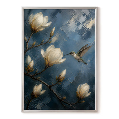 Magnolia Hummingbird, blue, white, brown floral wall art, front artwork view