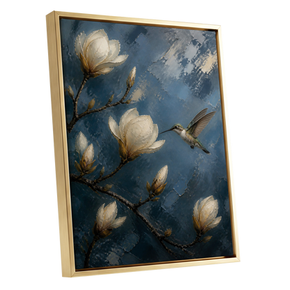 Magnolia Hummingbird, blue, white, brown floral wall art shown as a gold framed canvas wall art