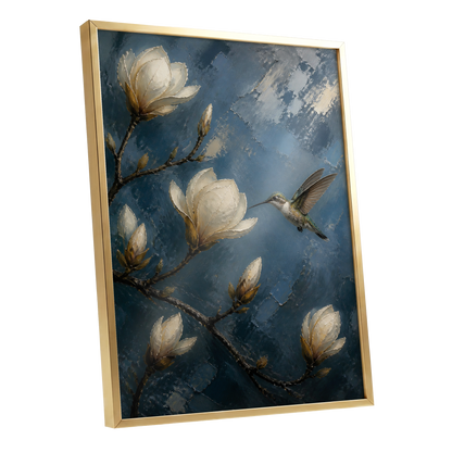 Magnolia Hummingbird, blue, white, brown floral wall art shown as a gold framed poster wall art print