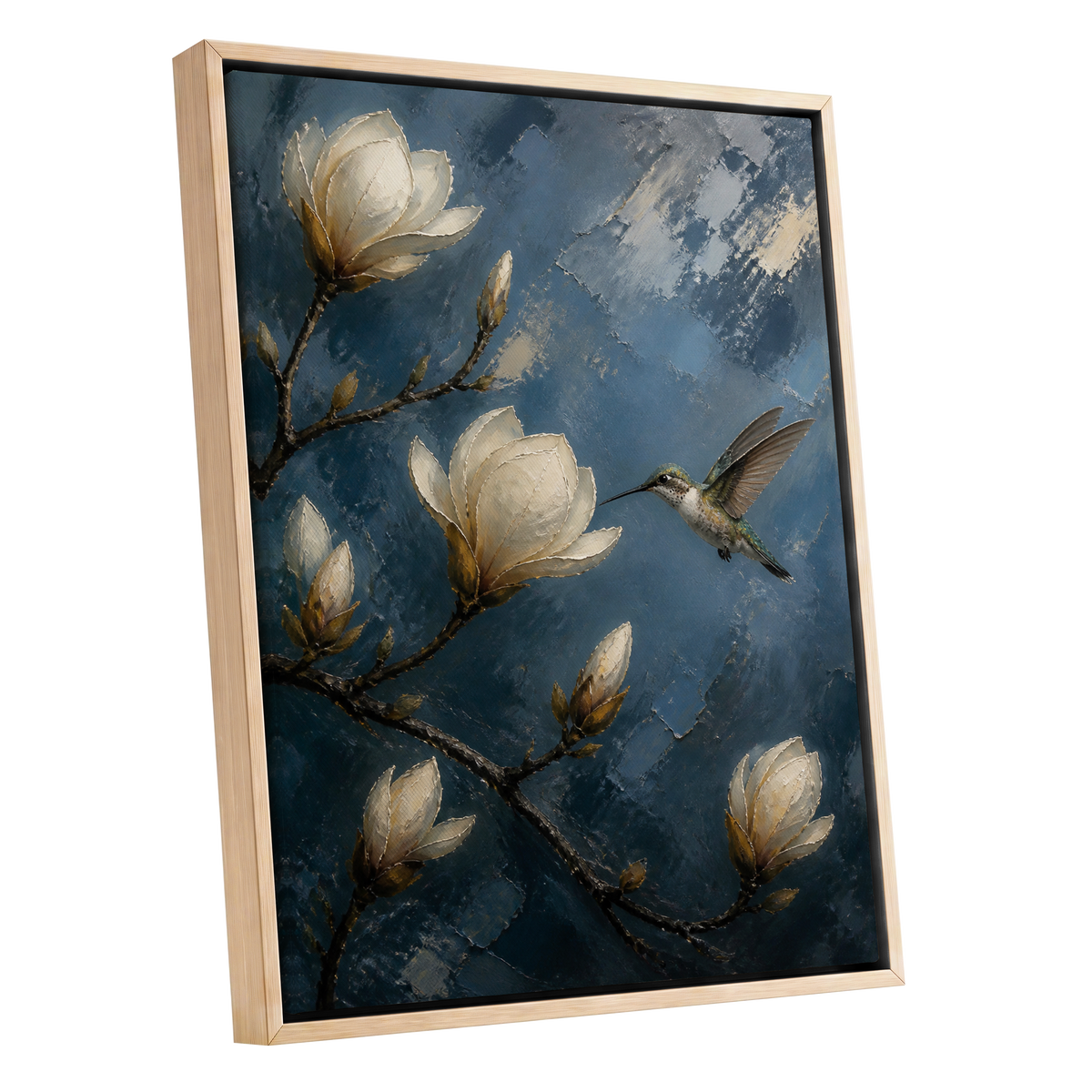 Magnolia Hummingbird, blue, white, brown floral wall art shown as a oak framed canvas wall art
