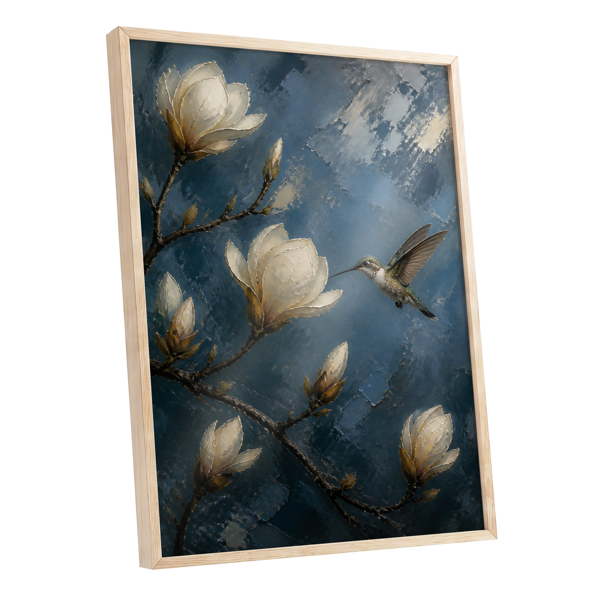 Magnolia Hummingbird, blue, white, brown floral wall art shown as a oak framed poster wall art print
