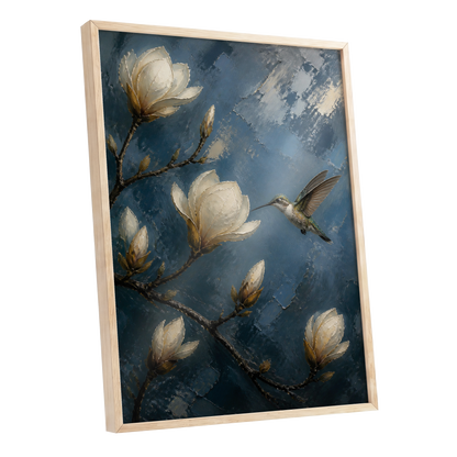 Magnolia Hummingbird, blue, white, brown floral wall art shown as a oak framed poster wall art print