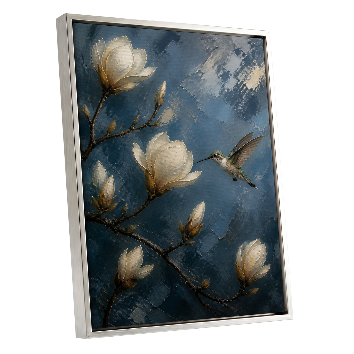 Magnolia Hummingbird, blue, white, brown floral wall art shown as a silver framed canvas wall art