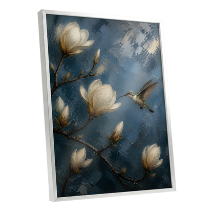 Magnolia Hummingbird, blue, white, brown floral wall art shown as a silver framed poster wall art print