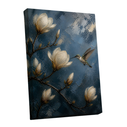 Magnolia Hummingbird, blue, white, brown floral wall art shown as a stretched canvas wall art