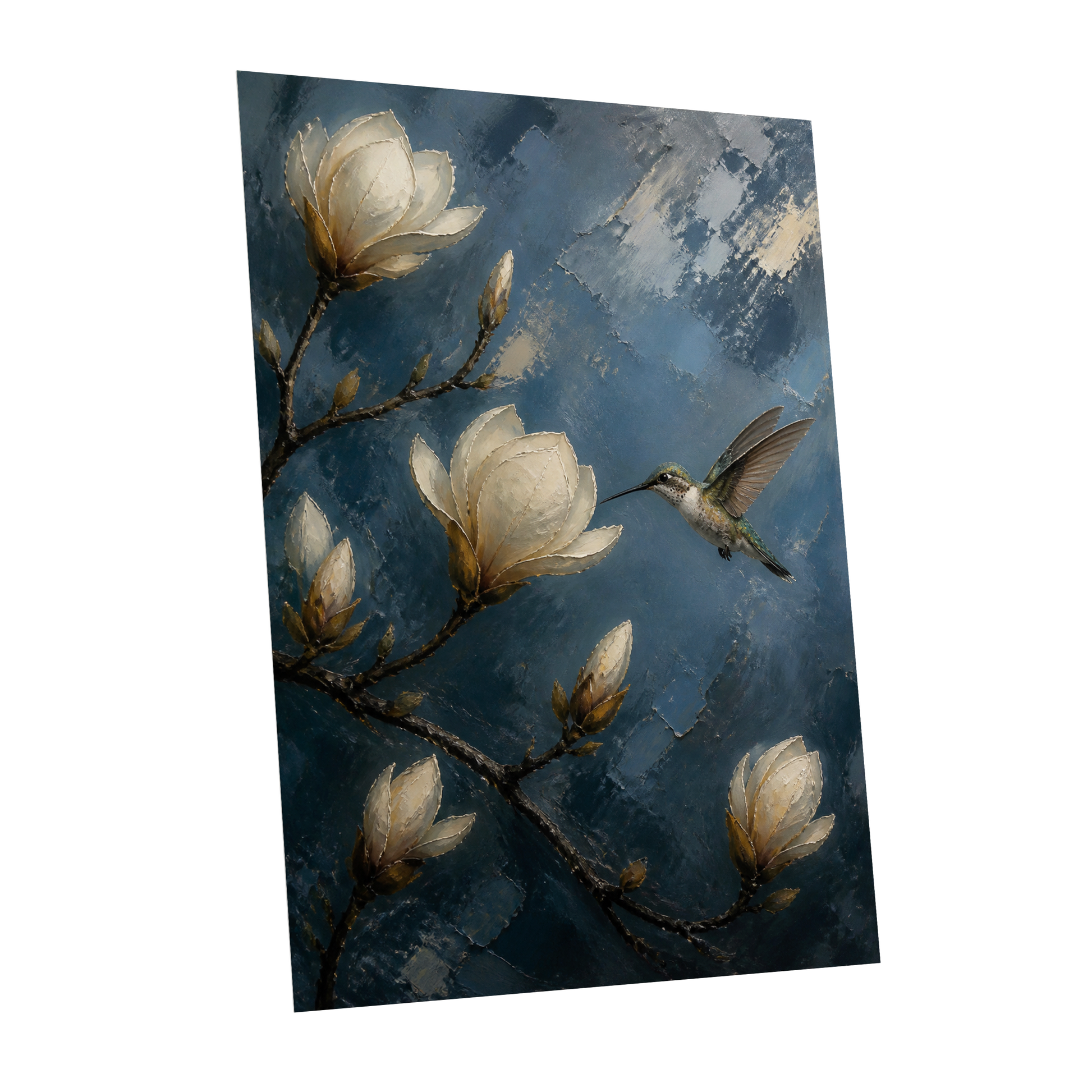 Magnolia Hummingbird, blue, white, brown floral wall art shown as a unframed poster wall art print