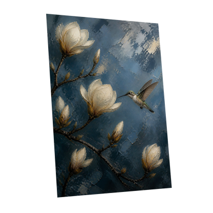 Magnolia Hummingbird, blue, white, brown floral wall art shown as a unframed poster wall art print