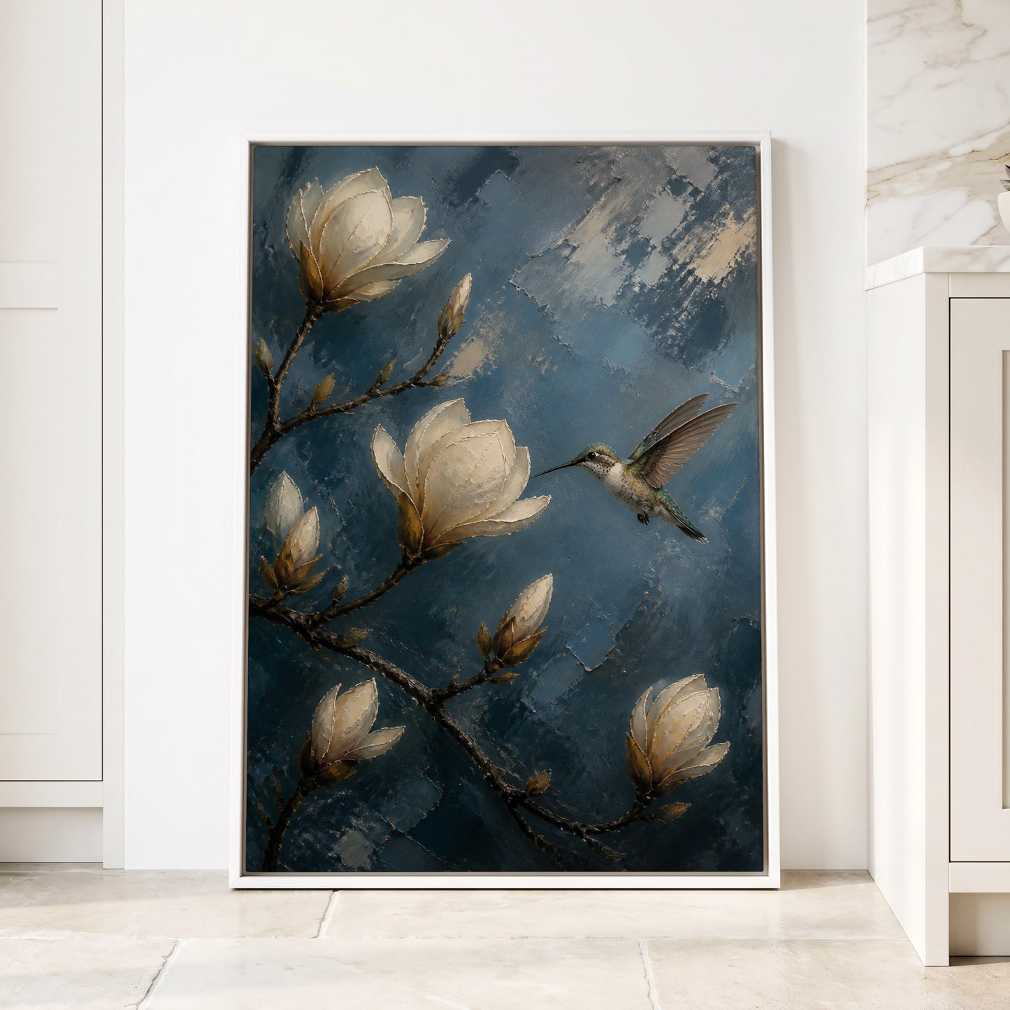 Magnolia Hummingbird, blue, white, brown floral wall art displayed in a styled interior, gallery view 1