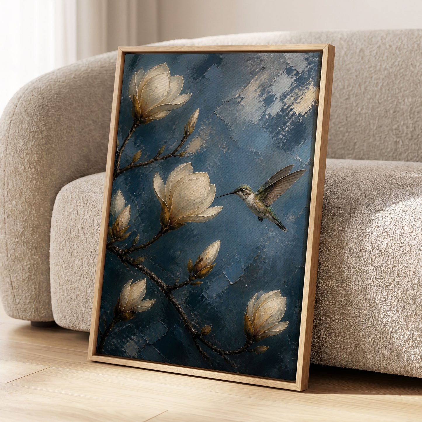 Magnolia Hummingbird, blue, white, brown floral wall art displayed in a styled interior, gallery view 2