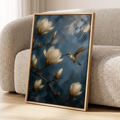 Magnolia Hummingbird, blue, white, brown floral wall art displayed in a styled interior, gallery view 2