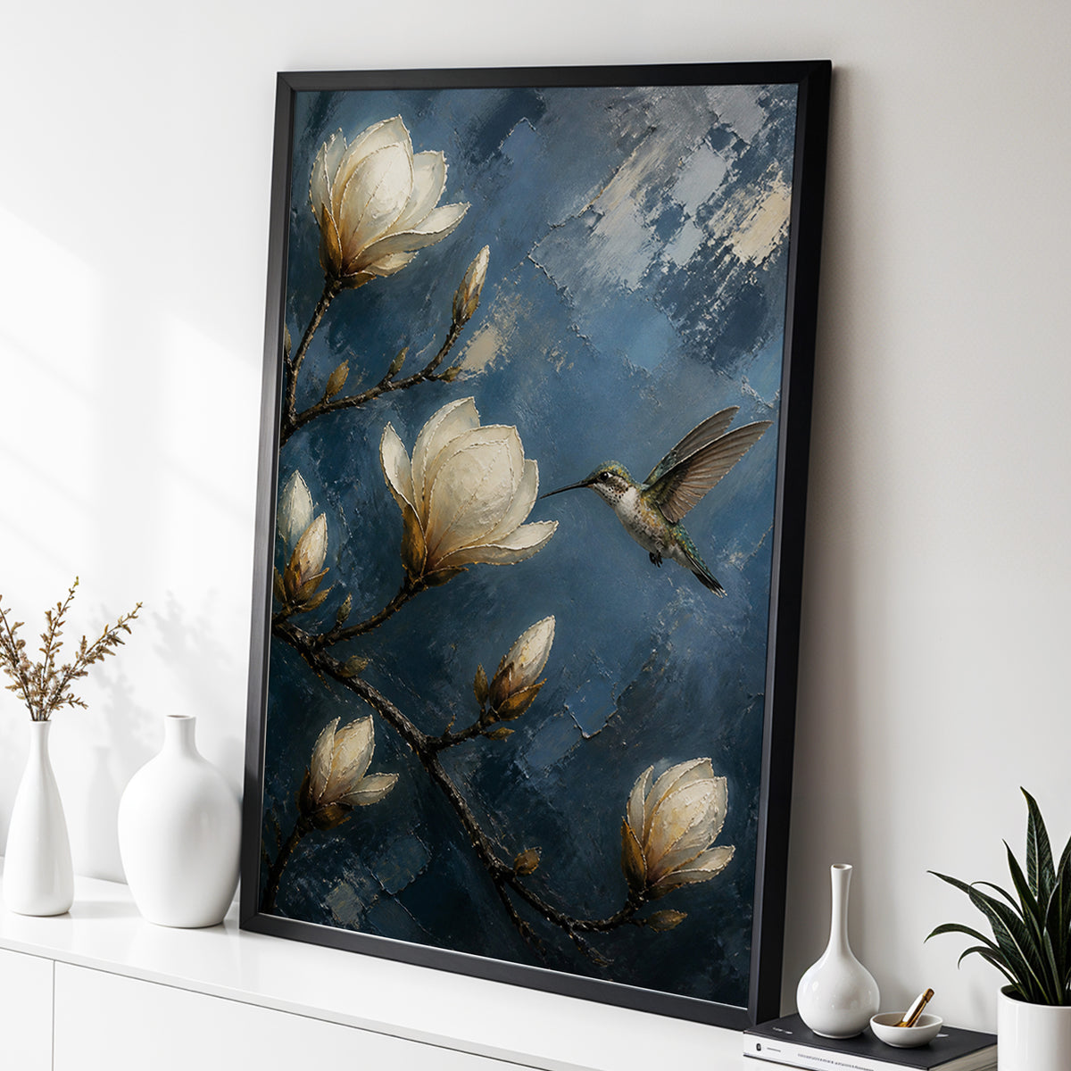 Magnolia Hummingbird, blue, white, brown floral wall art displayed in a styled interior, gallery view 3