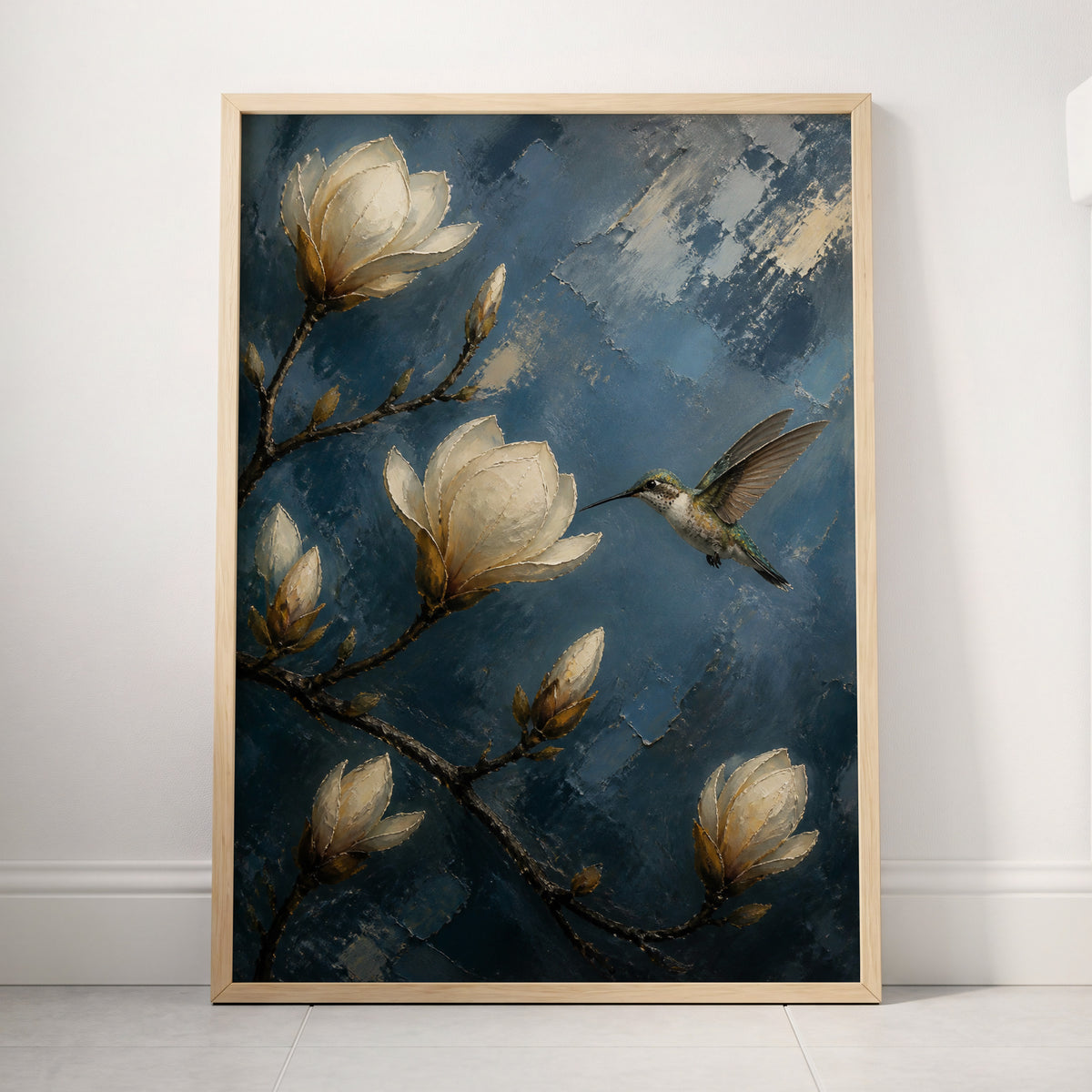Magnolia Hummingbird, blue, white, brown floral wall art displayed in a styled interior, gallery view 4