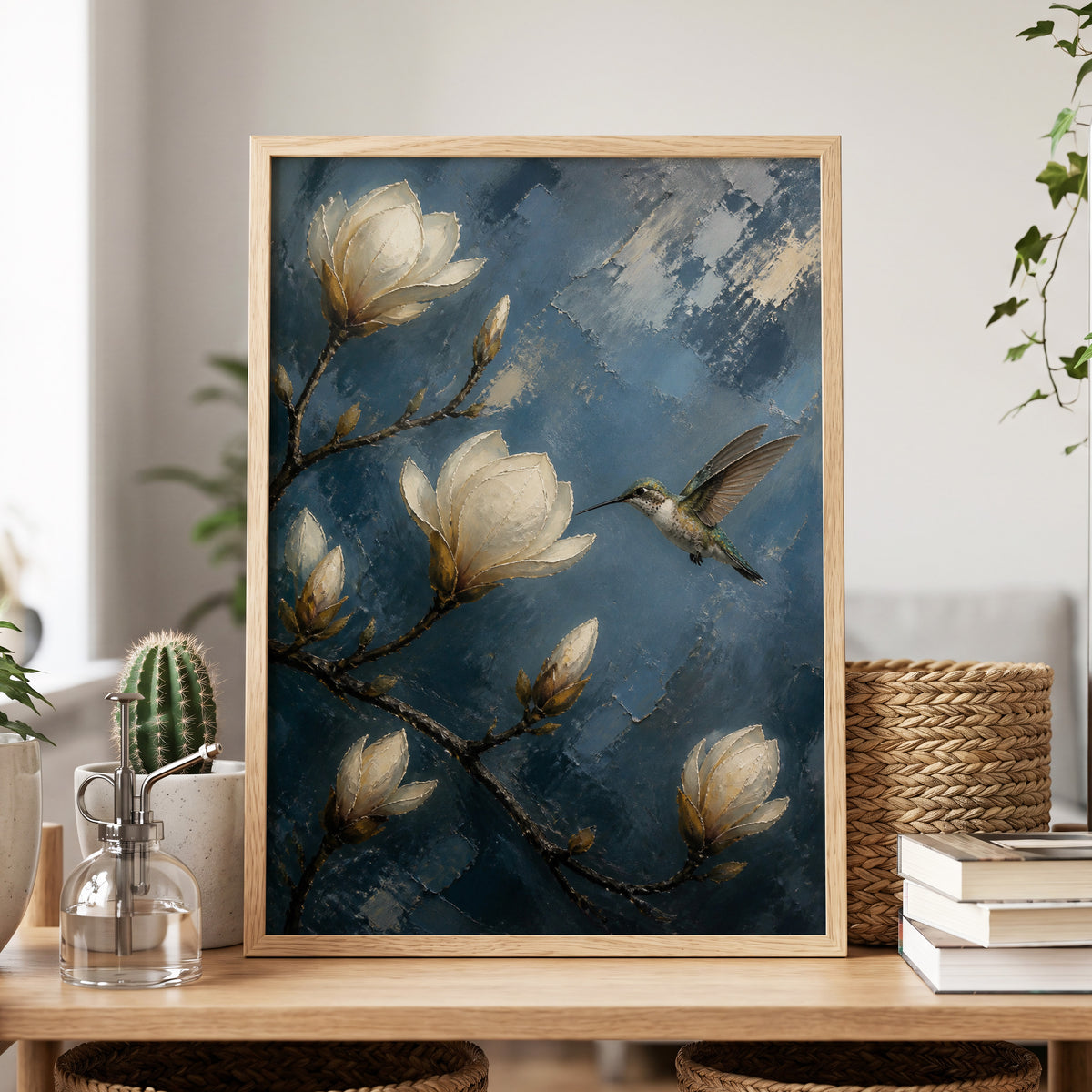 Magnolia Hummingbird, blue, white, brown floral wall art displayed in a styled interior, gallery view 5