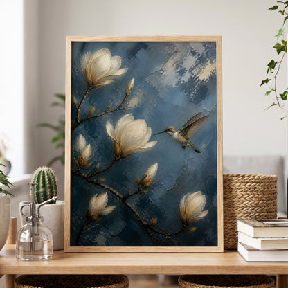Magnolia Hummingbird, blue, white, brown floral wall art displayed in a styled interior, gallery view 5
