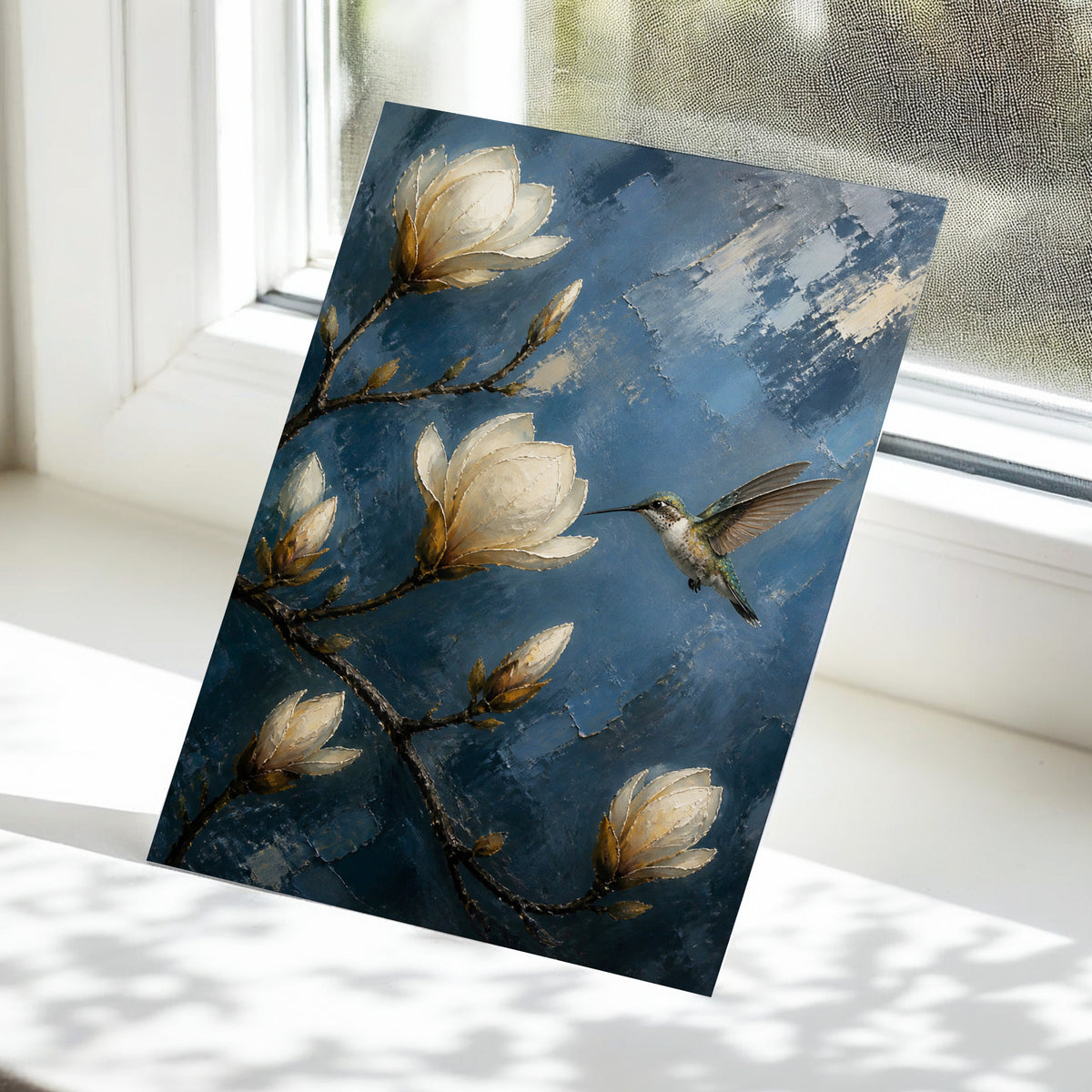Magnolia Hummingbird, blue, white, brown floral wall art displayed in a styled interior, gallery view 6
