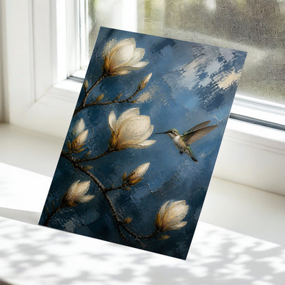 Magnolia Hummingbird, blue, white, brown floral wall art displayed in a styled interior, gallery view 6