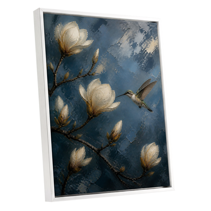 Magnolia Hummingbird, blue, white, brown floral wall art shown as a white framed canvas wall art