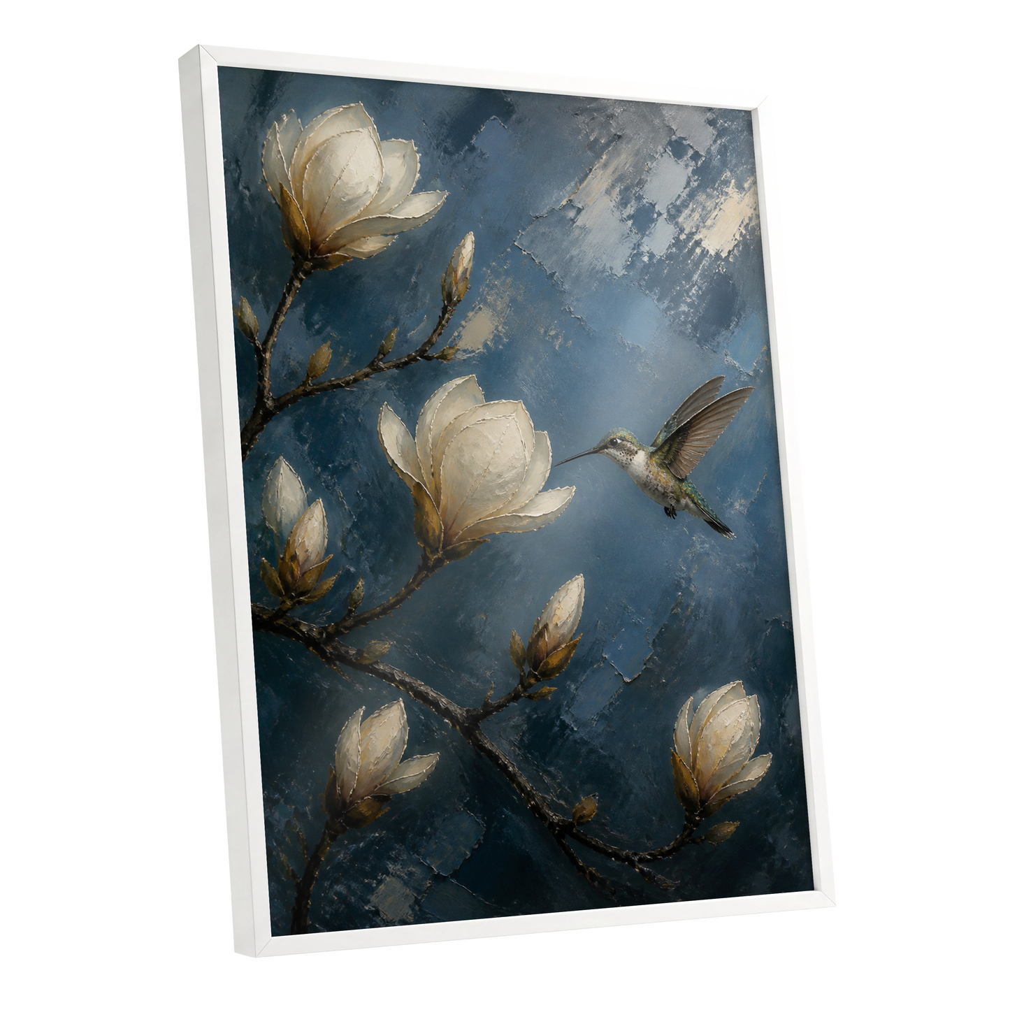 Magnolia Hummingbird, blue, white, brown floral wall art shown as a white framed poster wall art print