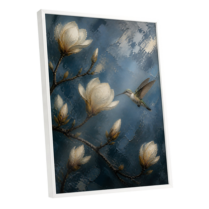 Magnolia Hummingbird, blue, white, brown floral wall art shown as a white framed poster wall art print
