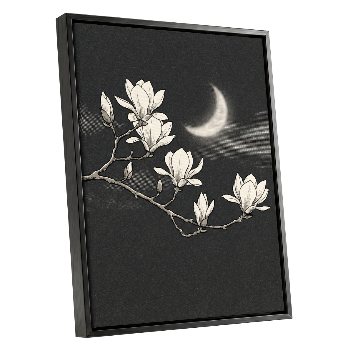 Magnolia Moon, black, beige, white floral wall art shown as a black framed canvas wall art
