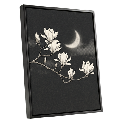 Magnolia Moon, black, beige, white floral wall art shown as a black framed canvas wall art