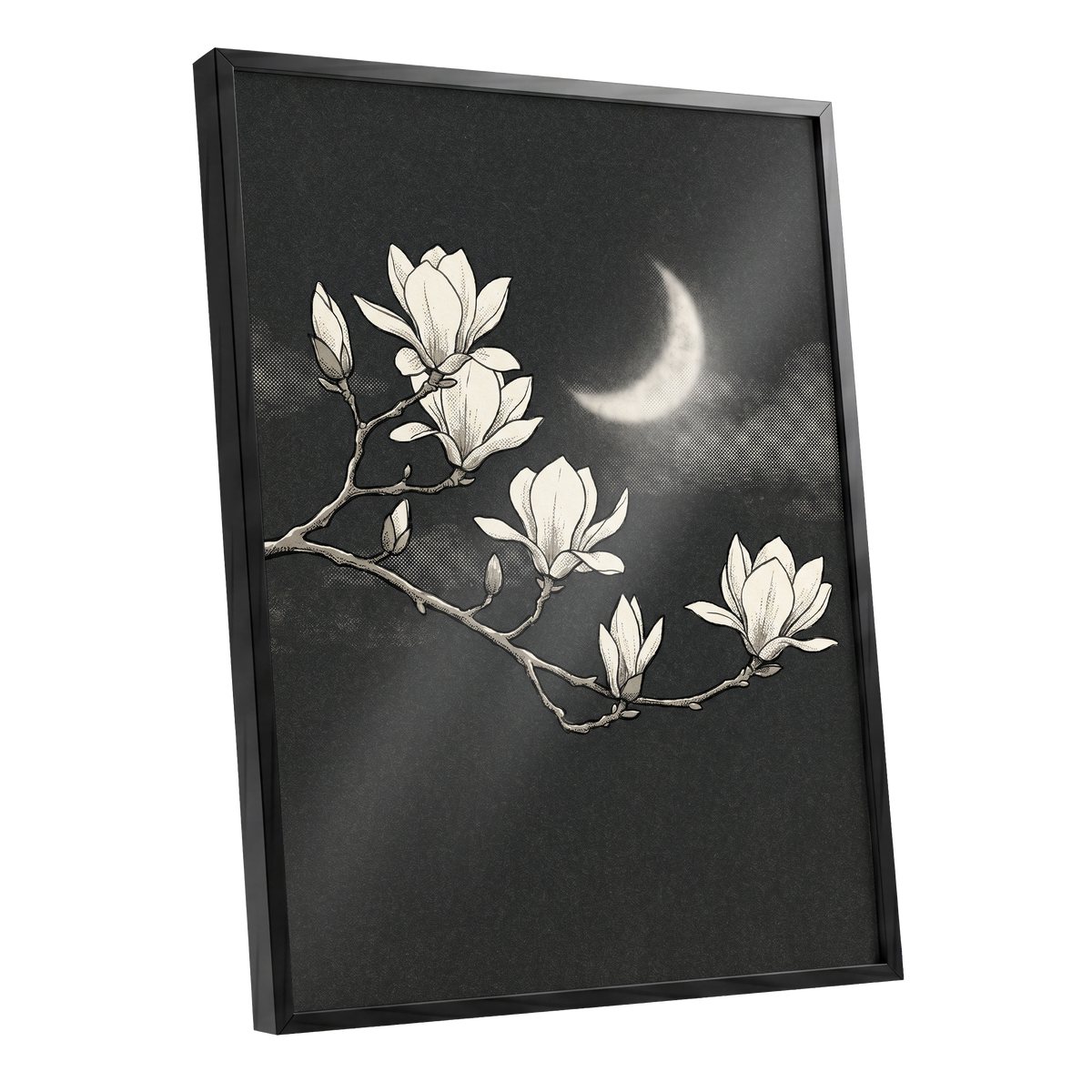 Magnolia Moon, black, beige, white floral wall art shown as a black framed poster wall art print