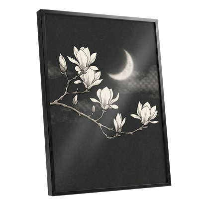 Magnolia Moon, black, beige, white floral wall art shown as a black framed poster wall art print