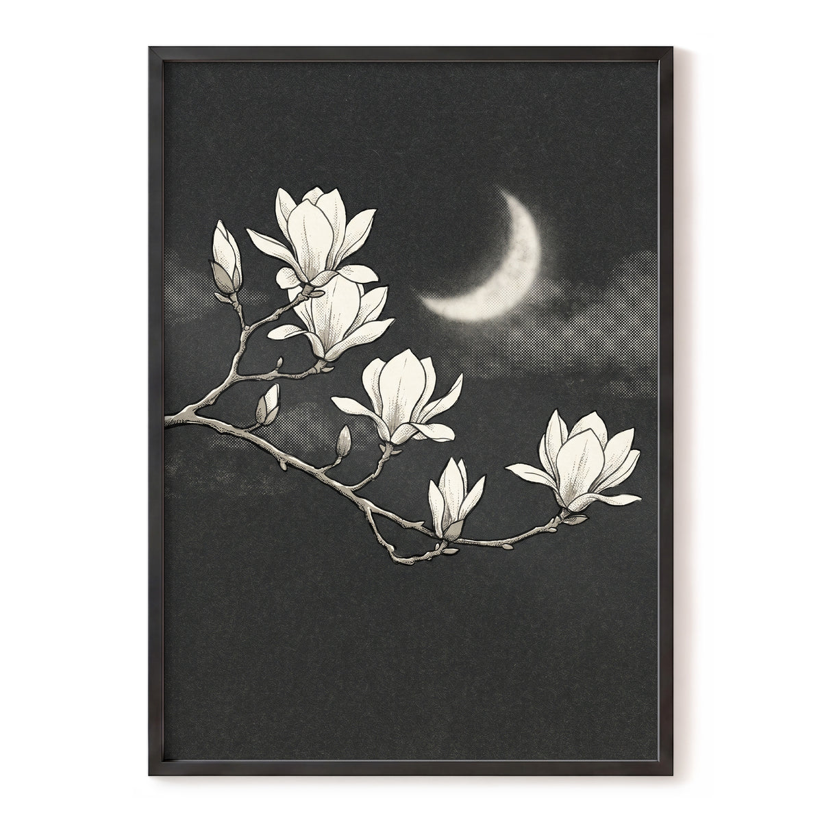 Magnolia Moon, black, beige, white floral wall art, front artwork view